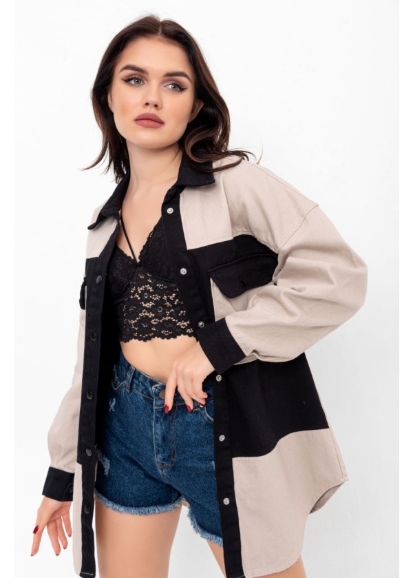 Çift Renk Çıtcıt Detay Siyah Gabardin Gömlek