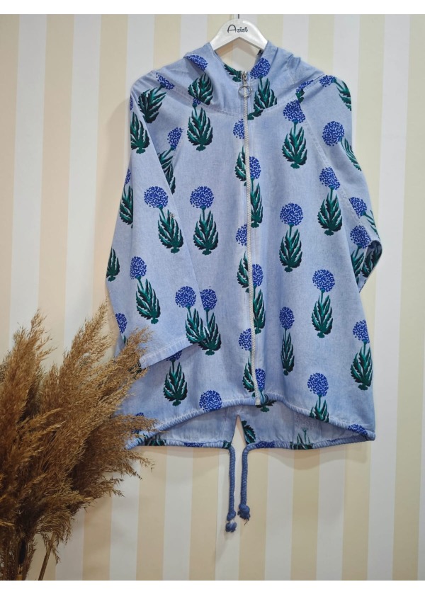 Ponpon Desen Yağ Yıkama Cepli Fermuarlı Kapüşonlu Mavi Salaş Ceket 