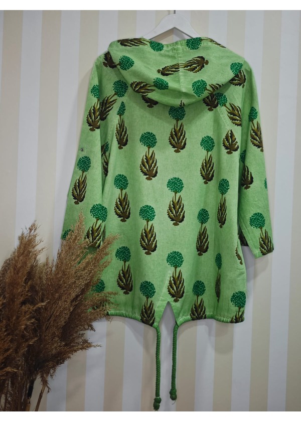 Ponpon Desen Yağ Yıkama Cepli Fermuarlı Kapüşonlu Yeşil Salaş Ceket